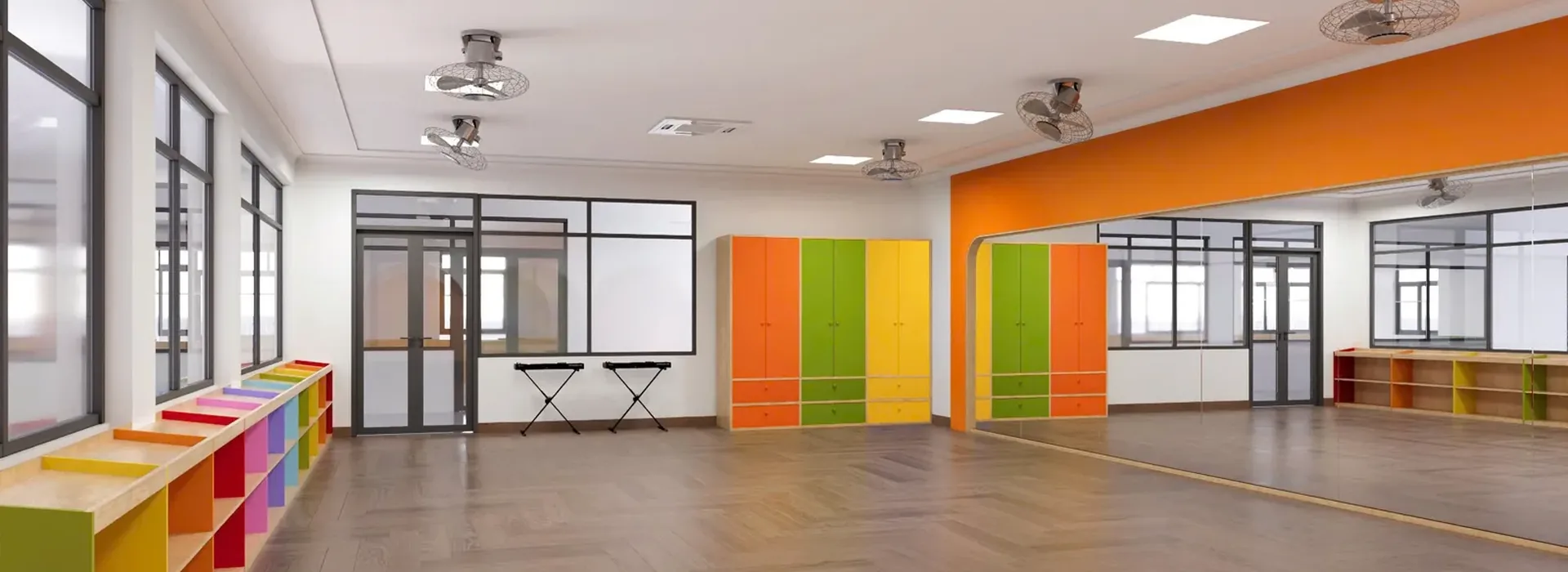 Khu vui chơi trong nhà của trường Thảo Nguyên: nhà gỗ ACADEMY màu vàng, kệ sách hình cây nấm đỏ và tranh tường voi, hươu cao cổ, thỏ