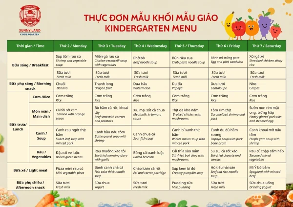 Thực đơn mẫu khối Mẫu giáo Sunny Land Kindergarten